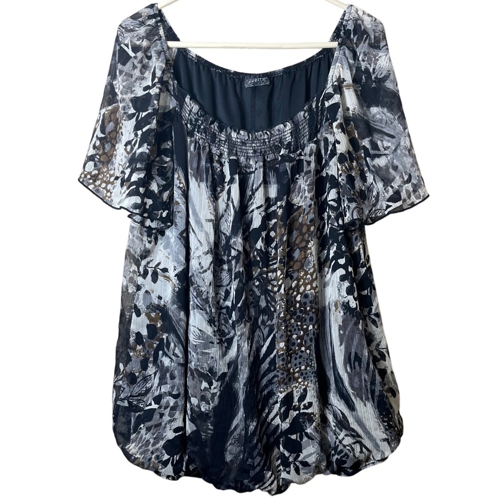 Judith Abstract Floral Animal Print Bubble Hem Blouse Flutter Sleeve‎ Large Boho